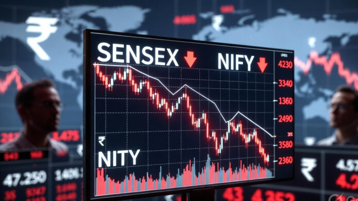 Indian stock market crash showing Sensex and Nifty falling sharply as rupee hits record low amid West Asia tensions