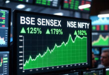 Indian Stock Market Ends Higher on Strong Global Cues and Falling Oil Prices Indian stock market rally with BSE Sensex and NSE Nifty rising on digital trading screen after falling crude oil prices boost investor sentiment.