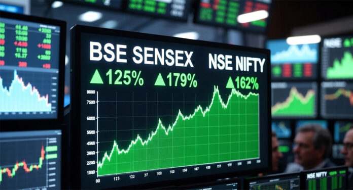 Indian stock market rally with BSE Sensex and NSE Nifty rising on digital trading screen after falling crude oil prices boost investor sentiment.