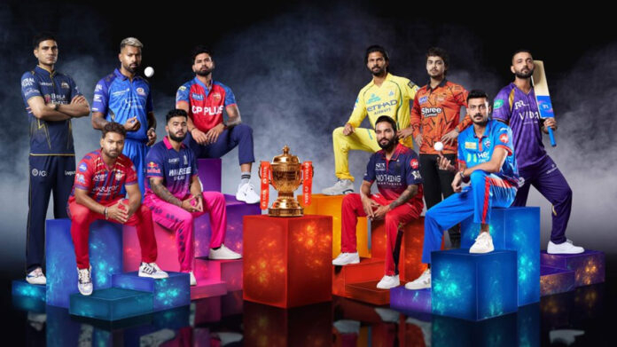 IPL 2026 cricket match with players in action and packed stadium crowd under lights in India