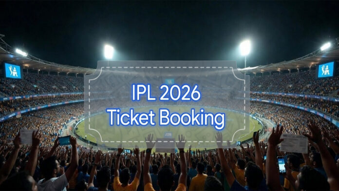 Fans entering a cricket stadium for an IPL match as ticket booking for IPL 2026 begins online.