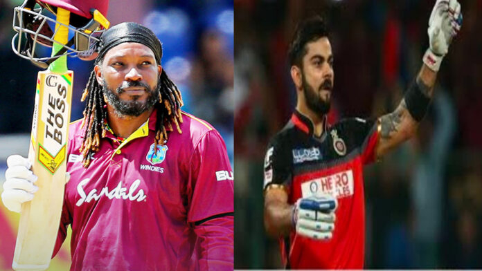 Chris Gayle celebrating after scoring a historic IPL century representing one of the most iconic records in IPL history.