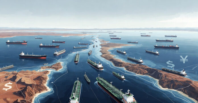 Oil tankers moving through the Strait of Hormuz amid reports of Iran considering yuan-based trade conditions