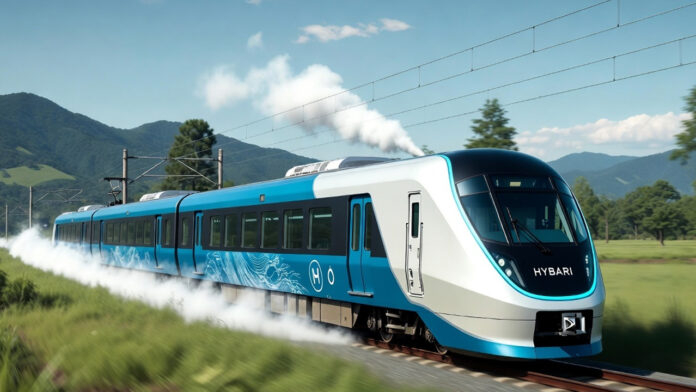 Japan HYBARI hydrogen powered passenger train running on railway track