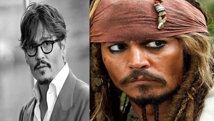 Johnny Depp as Captain Jack Sparrow standing on a pirate ship deck