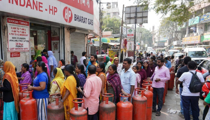 Long queues at LPG agency in Delhi as consumers face booking restrictions and server issues amid gas crisis, March 12, 2026