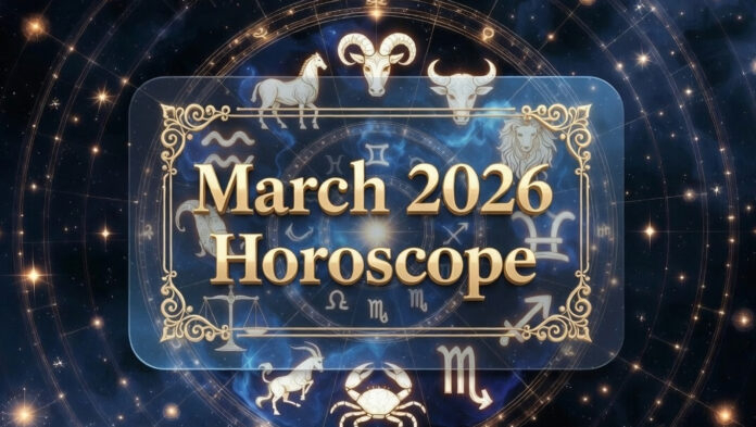 March 2026 zodiac horoscope wheel showing planetary alignment affecting Aries to Pisces
