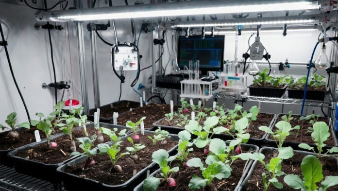 Radishes growing in simulated moon soil inside a NASA laboratory experiment