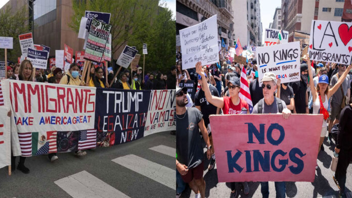 Massive crowd at No Kings protest in the United States holding signs and banners for democracy