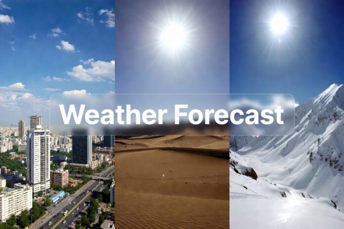 North India weather transition with sunny plains, cool mornings, and snowfall in Himalayan regions