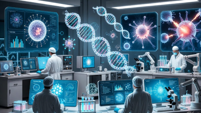 Scientists developing a personalized mRNA cancer vaccine targeting tumor cells in laboratory research