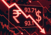 Rupee Hits Record Low Against Dollar, Closes at 93.71 Amid Market Volatility Indian rupee falls to record low against US dollar with forex market screen showing 93.71 rate