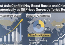 West Asia Conflict May Boost Russia and China Economically as Oil Prices Surge: Jefferies Report Energy market chart with oil prices rising alongside Russian oil exports and China financial market indicators amid the West Asia conflict.