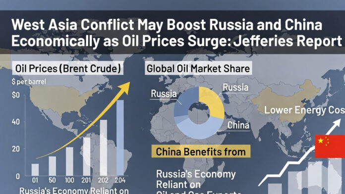 Energy market chart with oil prices rising alongside Russian oil exports and China financial market indicators amid the West Asia conflict.