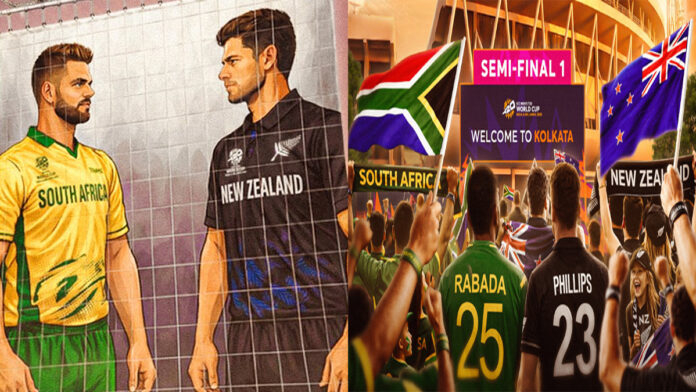 South Africa vs New Zealand T20 World Cup 2026 semi-final preview with players from both teams at Eden Gardens stadium.