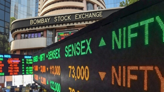 Indian stock market screen showing Sensex and Nifty rising in early trading session