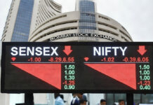 Indian Stock Market Crashes at Opening: Sensex Plunges 1,710 Points, Nifty Drops 477 Amid Global War Fears Electronic stock market display board showing Sensex and Nifty sharply falling during early trading in India.