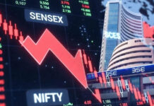 Sensex Crashes 1,836 Points, Nifty Slips Below 22,500 as Global Tensions Trigger Market Selloff Stock market crash chart showing Sensex and Nifty falling sharply