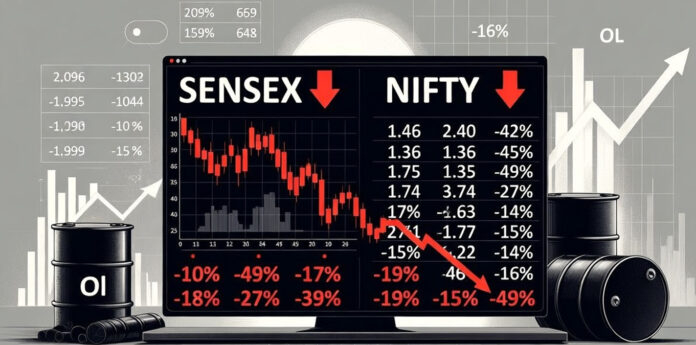 Sensex and Nifty falling on stock market trading screen showing red downward trend