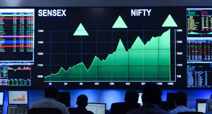 Sensex and Nifty surge on stock market screen with rising charts as rupee hits record low against US dollar