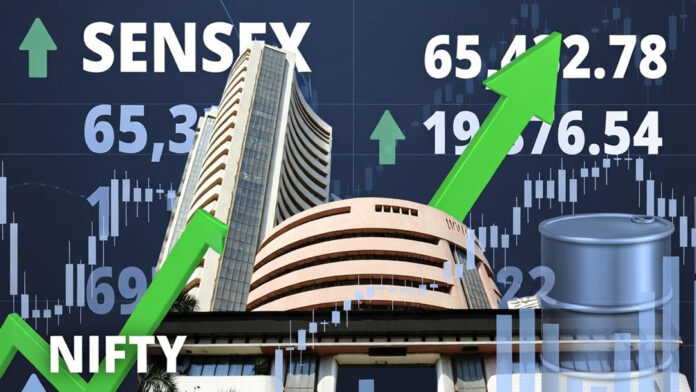 Indian stock market rally with Sensex and Nifty rising as oil prices fall and US Iran tensions ease.