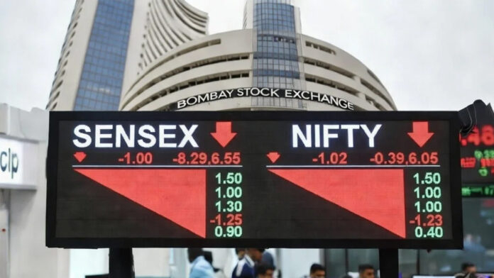Indian stock market screen showing Sensex and Nifty indices falling in early trade as investors track crude oil prices and global market signals