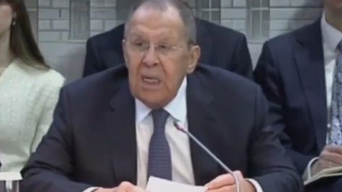 Russian Foreign Minister Sergei Lavrov speaking about Iran conflict and Middle East tensions at diplomatic meeting in Moscow