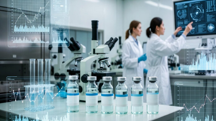 Smart insulin research showing insulin vial and glucose monitoring technology for diabetes treatment breakthrough