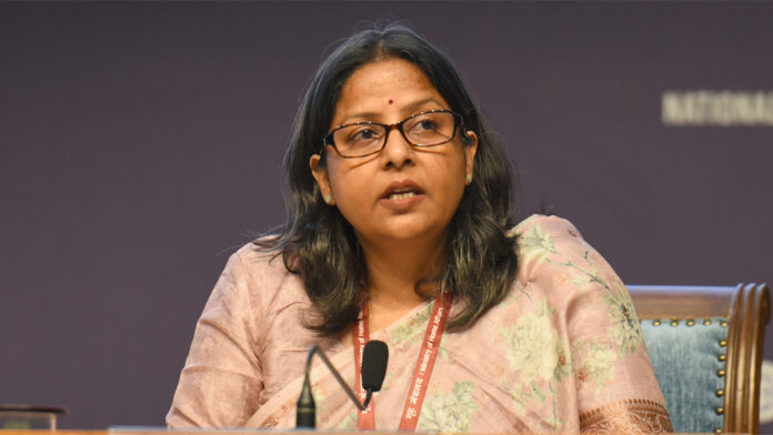 Joint Secretary Sujata Sharma from the Ministry of Petroleum & Natural Gas briefing media on LPG supply and West Asia developments at National Media Centre in New Delhi