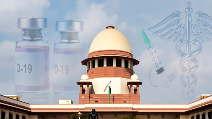 Supreme Court of India building with COVID-19 vaccine vials symbolizing court direction on compensation policy for vaccine side effects.