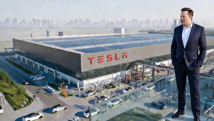 Tesla Gigafactory concept in India representing Elon Musk’s plan to build EV manufacturing facility by 2026