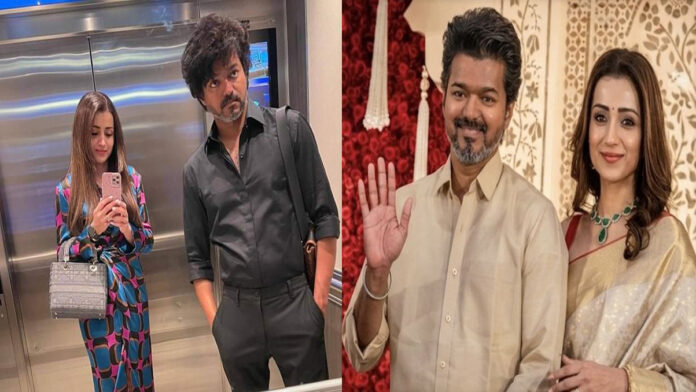 Thalapathy Vijay and Trisha Krishnan attending a wedding reception in Chennai wearing traditional outfits