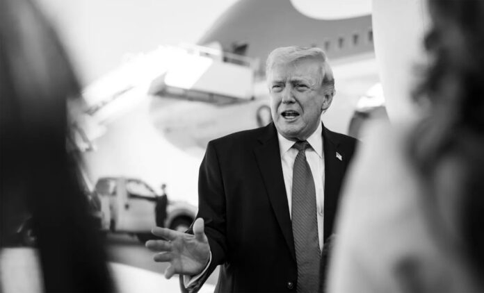 Donald Trump with stock market charts showing sharp movements amid Iran-related announcement