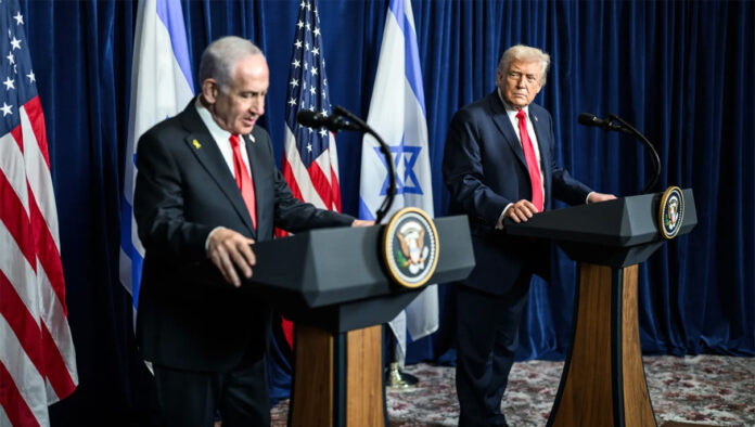 Donald Trump and Benjamin Netanyahu discussing Iran conflict and war decision
