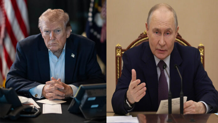 Donald Trump and Vladimir Putin discussing Iran war diplomacy during a high-level phone call amid Middle East tensions.