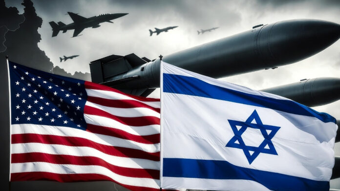 US and Israeli flags with military bombs symbolizing the $151 million US arms deal with Israel amid rising Iran tensions