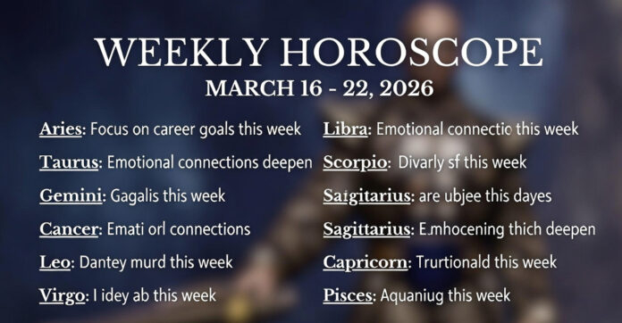 Weekly horoscope March 16 to 22 2026 showing zodiac wheel with 12 astrology signs