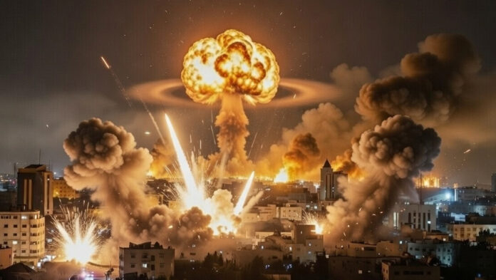Airstrike smoke rising over Middle East city during escalating Israel Iran conflict