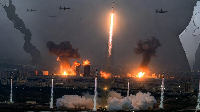 Explosions and smoke over Tehran during US-Israel strikes in West Asia crisis, March 7 2026, with ballistic missile trails toward Israel