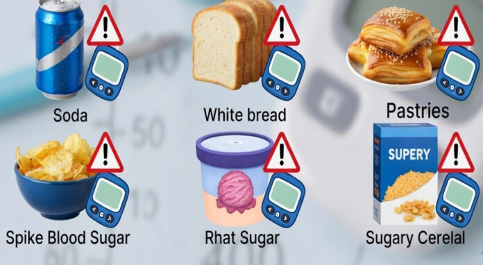 Foods that spike blood sugar fast including sugary drinks, pastries, and white bread in diabetes diet.