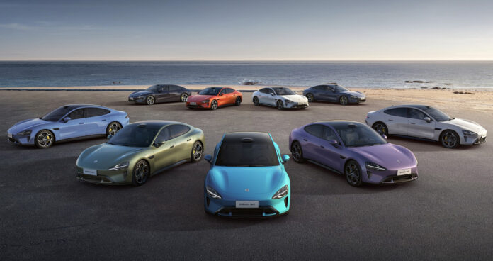 Xiaomi SU7 electric car with futuristic design and fast charging concept