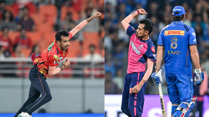 Yuzvendra Chahal celebrating a wicket during an IPL match as he leads the all-time IPL wicket-takers list.