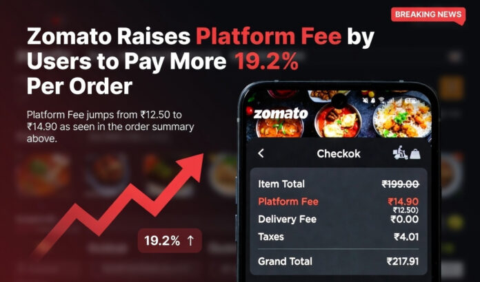 Zomato app showing increased platform fee per order in India with higher food delivery charges