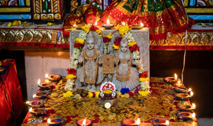 Akshaya Tritiya 2026 festival setup with Lakshmi Vishnu idols gold coins and ritual items