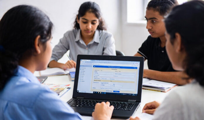 Students filling Bihar Board Class 12 exam forms online with laptop and documents