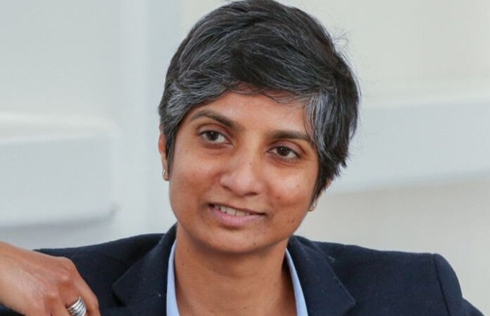 Menaka Guruswamy taking oath as Rajya Sabha MP in Parliament chamber