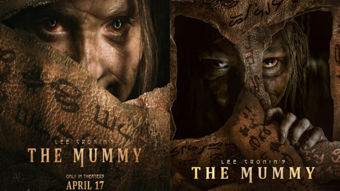 Dark horror scene of mummy awakening inside ancient Egyptian tomb with cinematic lighting