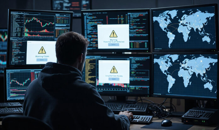 Cybercrime investigation showing hacker using computer with fraud alert screens and global scam network concept