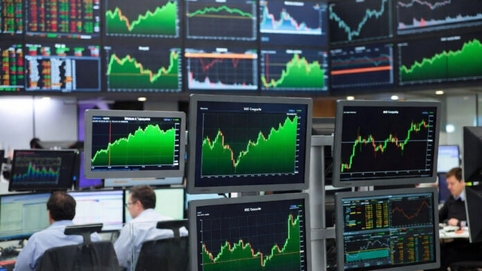 Asian stock markets trading screens showing Nikkei Kospi Hang Seng gains