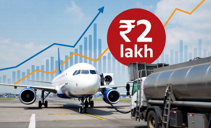 Jet fuel price surge in India showing aircraft refueling, rising ATF cost charts, and impact on airfares